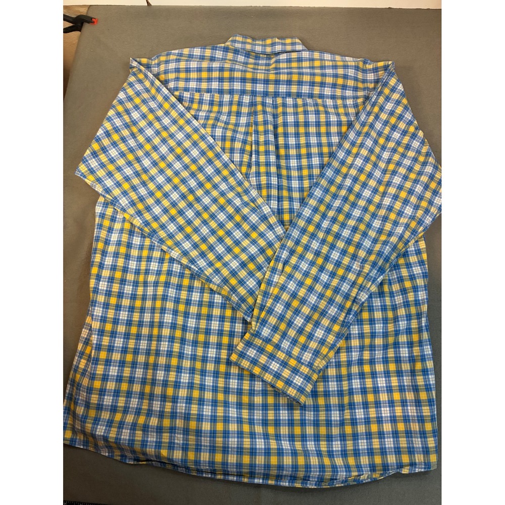 Cinch Mens Medium Button Down Shirt Cotton Blue Yellow Plaid Long Sleeve Pocket - Picture 6 of 8